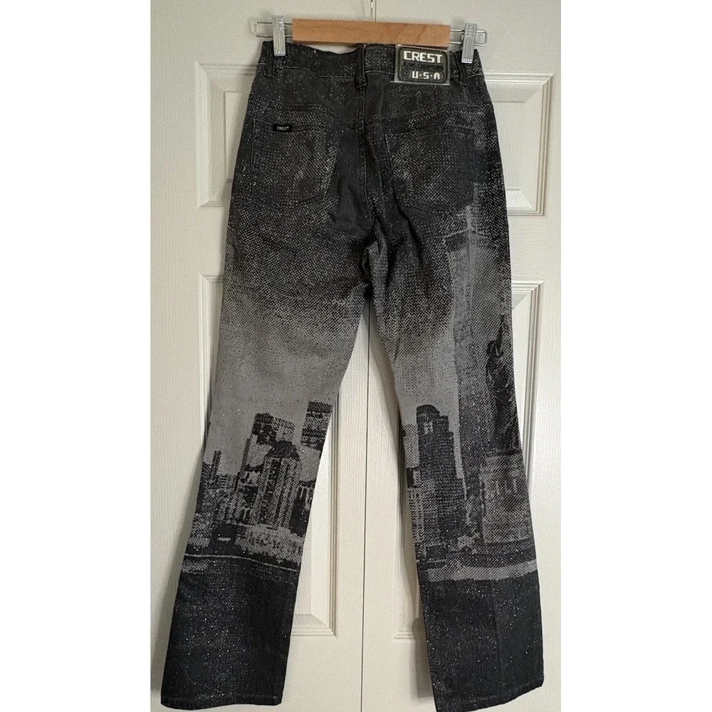 Y2K Vintage 90s‎ Rare CREST Jeans Gray City Artist Skyline Flare Women Sz 1/2